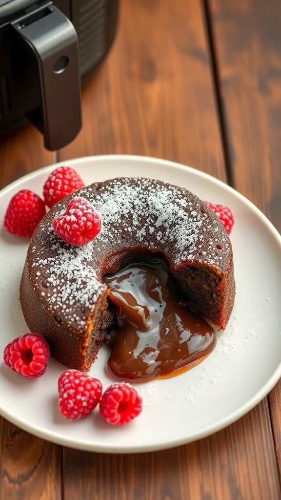 A delicious air fryer lava cake with a molten chocolate center, garnished with raspberries and powdered sugar.
